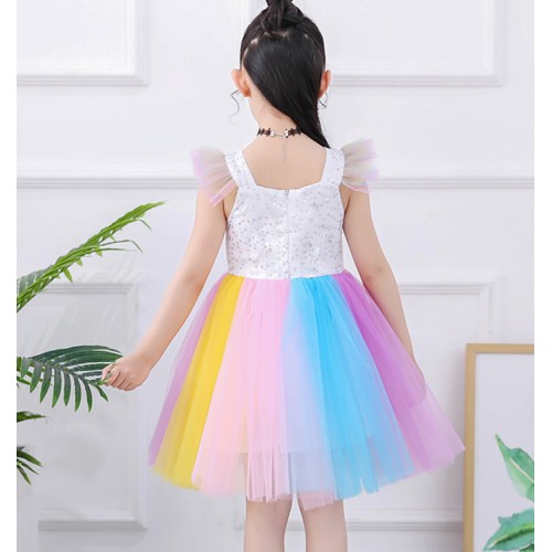 Girls kids sequin rainbow ruffles skirts ballet jazz dance dresses flowers stage performance flower girls dress